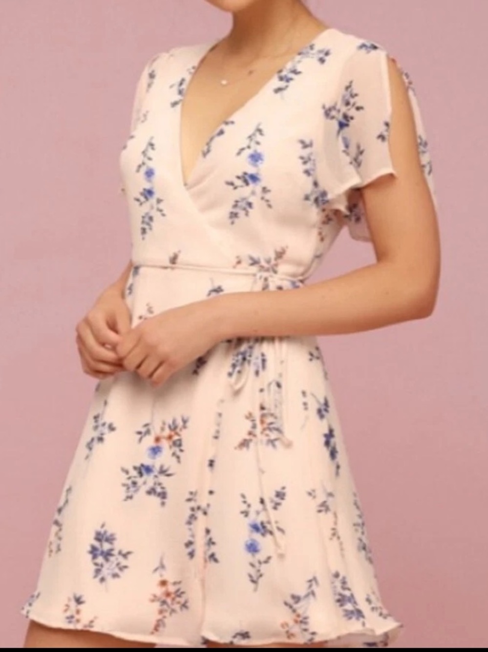 LULUS Fowler Floral Print Mini Wrap Dress Blush Pink Small S Flutter Sleeve